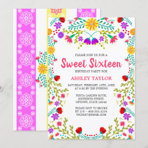 White Mexican Fiesta Folk Art Floral Sweet Sixteen Invitation