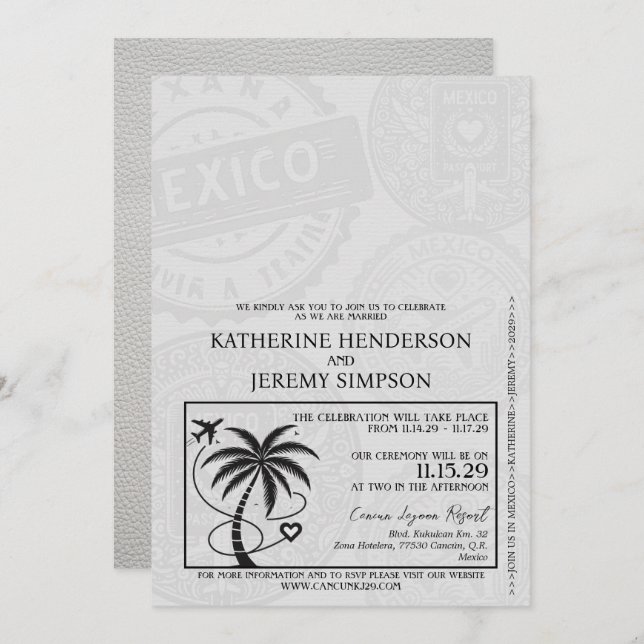 White Mexico Passport Wedding Invitation (Front/Back)