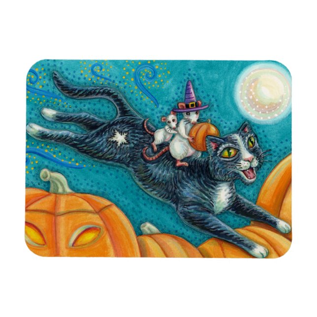 WHITE MICE & BLACK CAT ON HALLOWEEN SCAVENGER HUNT MAGNET (Horizontal)