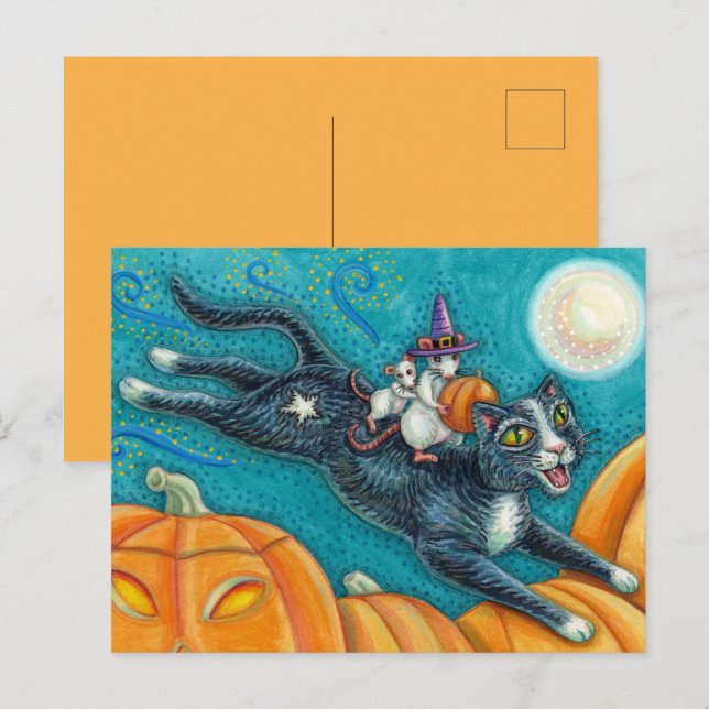 WHITE MICE & BLACK CAT ON HALLOWEEN SCAVENGER HUNT POSTCARD (Front/Back)