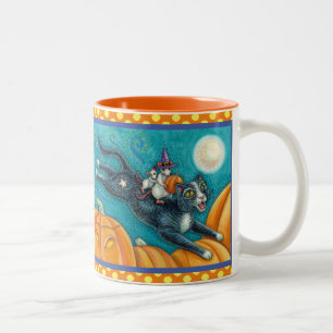 WHITE MICE & BLACK CAT ON HALLOWEEN SCAVENGER HUNT Two-Tone COFFEE MUG