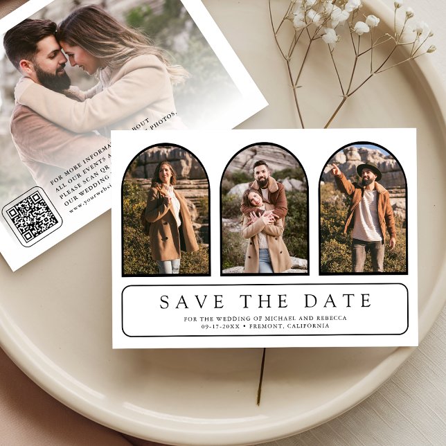 White Minimal Arch Photo Collage QR Code Wedding Save The Date (Creator Uploaded)