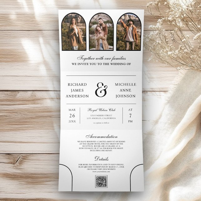 White Minimal Arch Photo QR code Wedding Tri-Fold Invitation (Creator Uploaded)