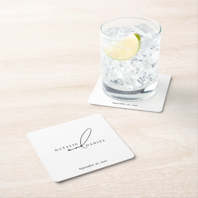 White Minimal Classic Chic Wedding Square Paper Coaster (Insitu)