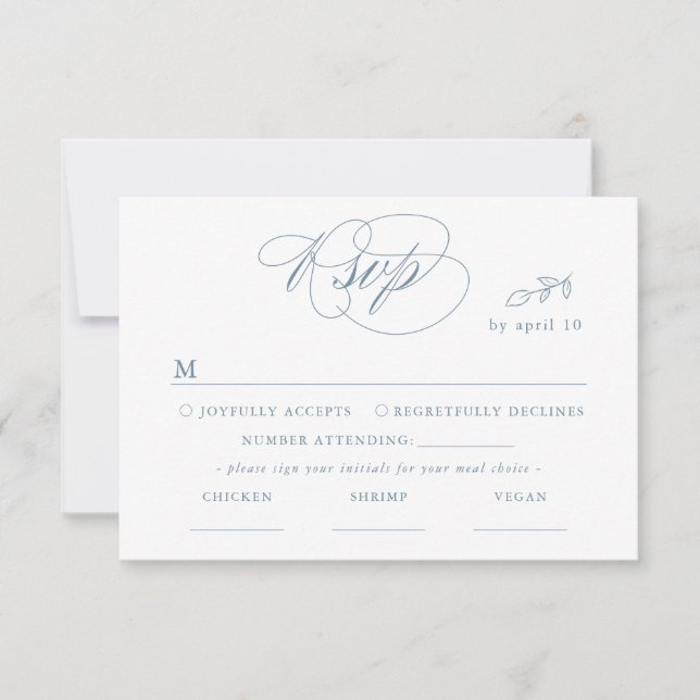 White Minimal Leaf Blue Font & QR Code RSVP Card (Front)