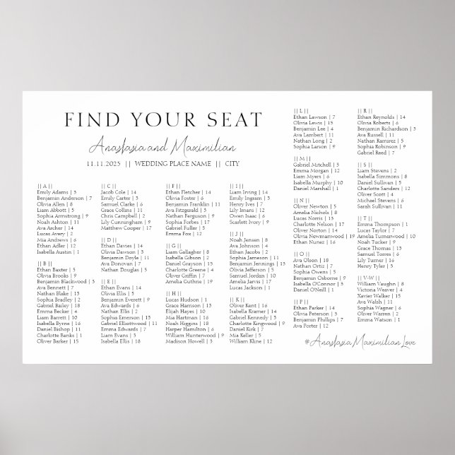 White Minimal Wedding Alphabetical Seating Chart (Front)