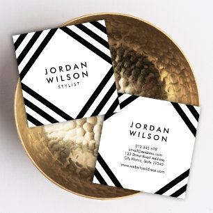 White Minimalist Black Square Lines Geometric Square Business Card