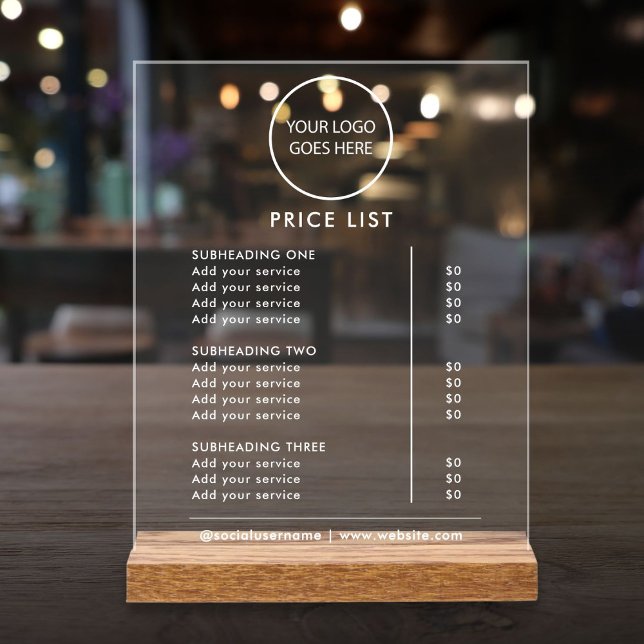 White Minimalist Business Logo Price List Acrylic Sign (White Minimalist Business Logo Price List Acrylic Sign)