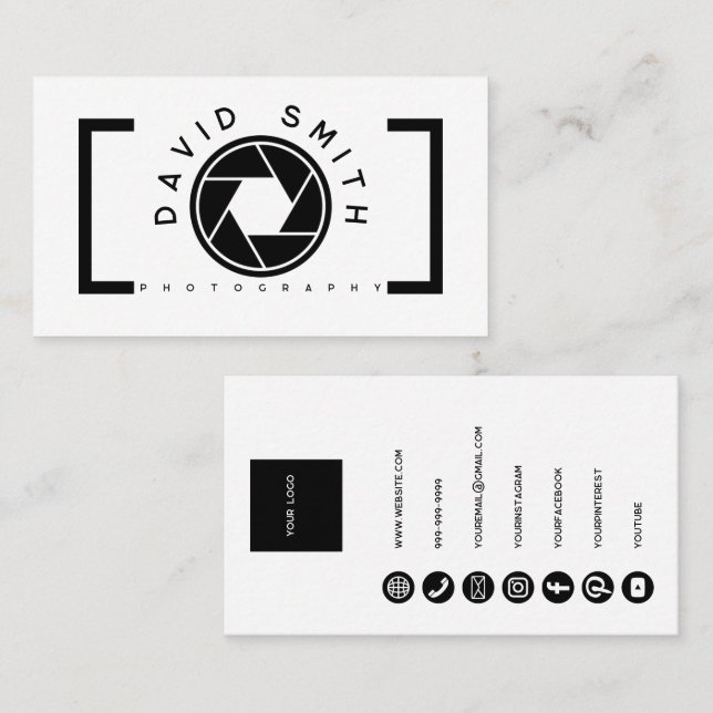 White Minimalist Camera Photographer Business Card (Front/Back)