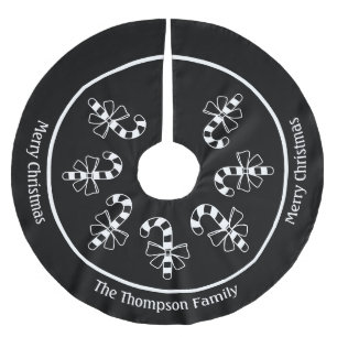 White Minimalist Candy Canes On Black With Text Brushed Polyester Tree Skirt