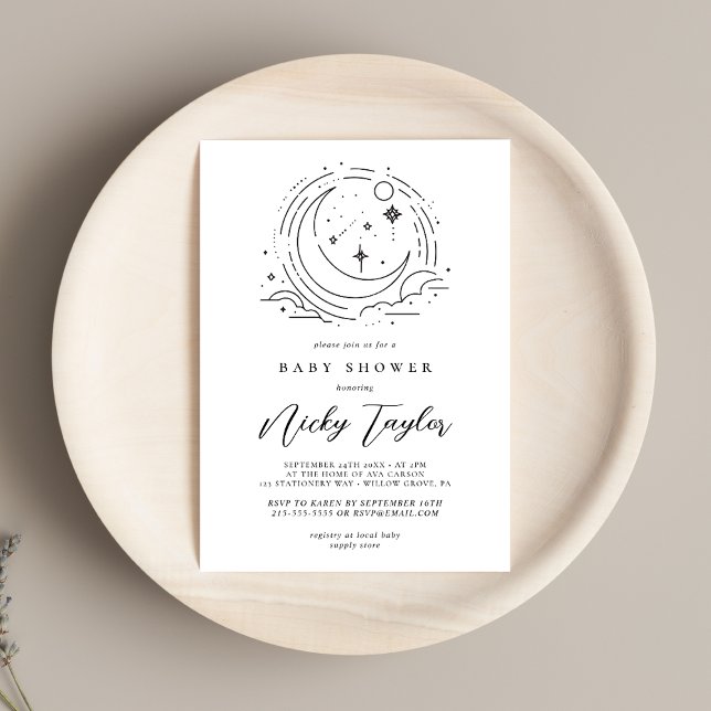 White Minimalist Celestial Baby Shower Invitation (Creator Uploaded)