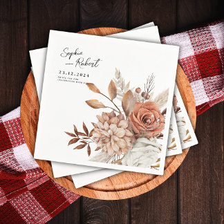 White Minimalist Fall Floral Bouquet Wedding Napkin