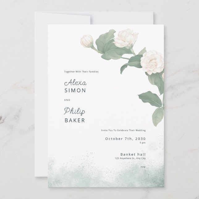 White Minimalist Jasminum flowers Illustrat Invitation (Front)