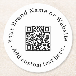 White Minimalist QR Clean Scan Me Round Design Paper Coaster