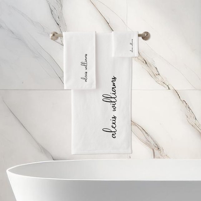 White Minimalist Script Signature Monogram Bath Towel Set (Creator Uploaded)