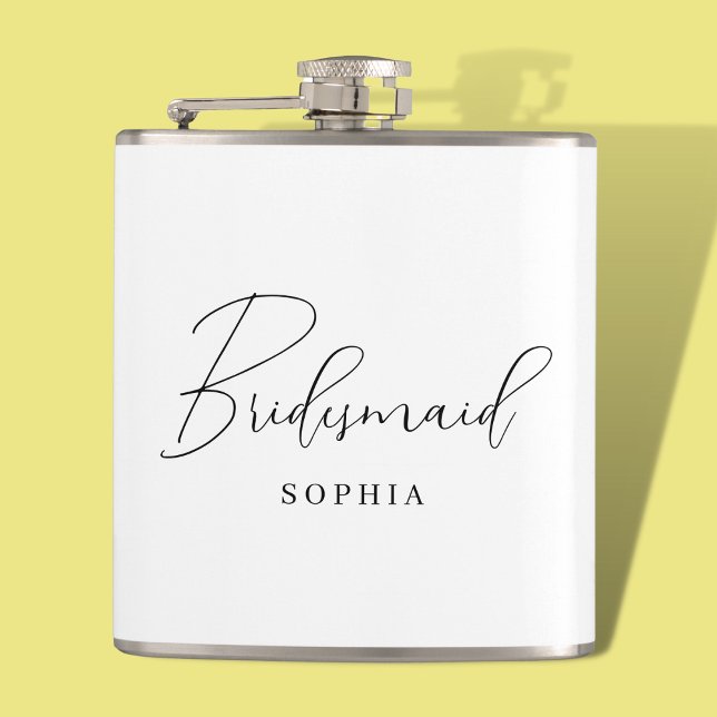 White Minimalist Script Typography Bridesmaid Hip Flask (Creator Uploaded)