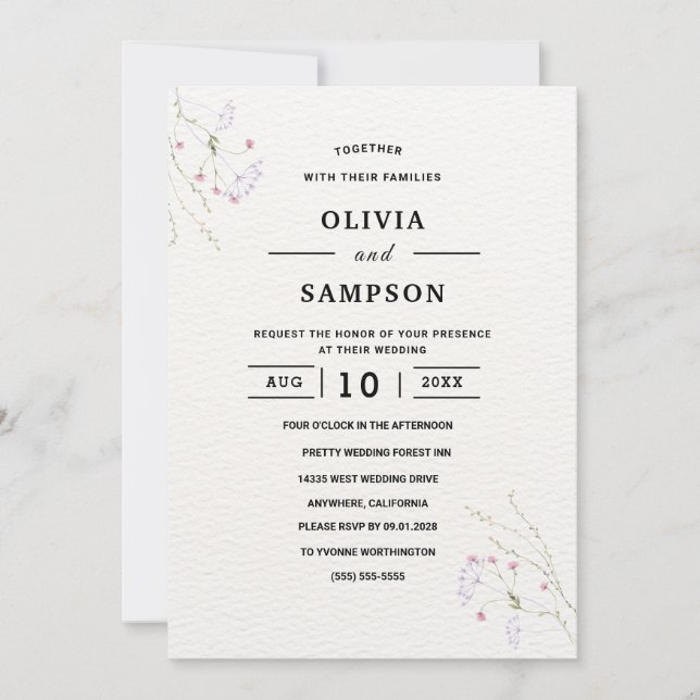 White Minimalist watercolor flowers wedding Invitation (Front)