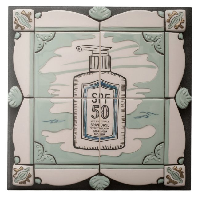 White & Mint Blue Sunscreen Lotion Funny Bathroom Ceramic Tile (Front)