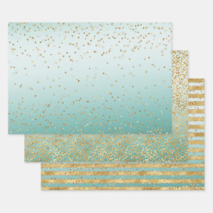 White Mint Gold Glitz Sparkle Stripes Leopard Wrapping Paper Sheet