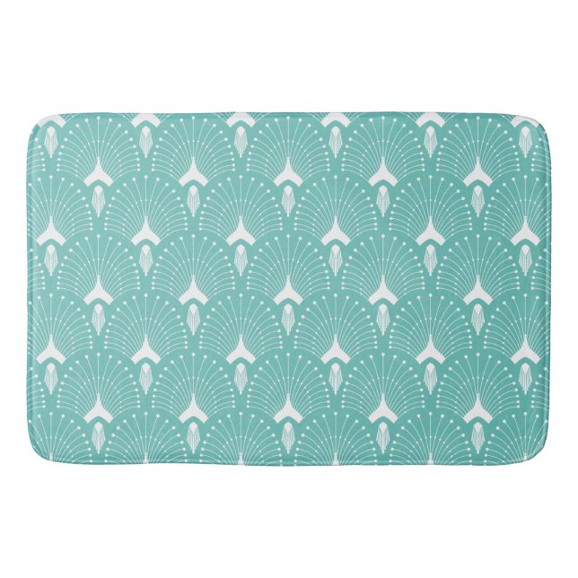 White & mint-green art-deco pattern bath mat (Front)