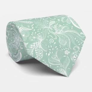 White & Mint-Green Exotic Floral Swirls Tie