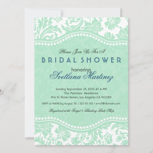 White & Mint-Green Floral Dam Bridal Shower Invite (Front)