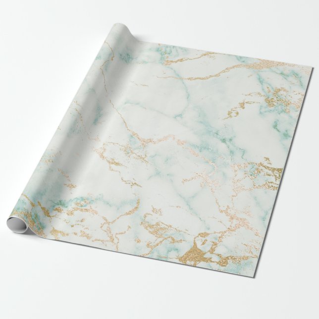 White Mint Green Gold Glam Marble Wrapping Paper (Unrolled)