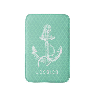 White & Mint Nautical Boat Anchor Bath Mat