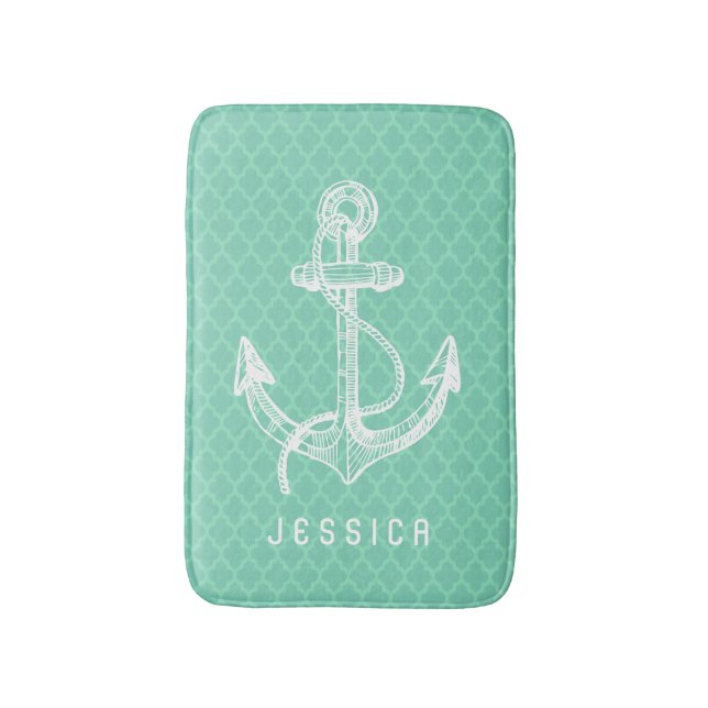 White & Mint Nautical Boat Anchor Bath Mat (Front Vertical)