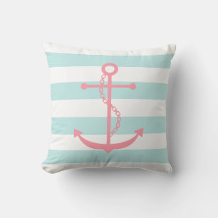 White Mint & Pink Wide Stripes Pattern Anchor Cushion