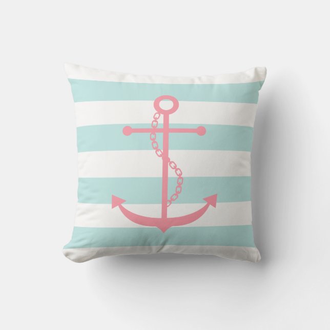 White Mint & Pink Wide Stripes Pattern Anchor Cushion (Front)