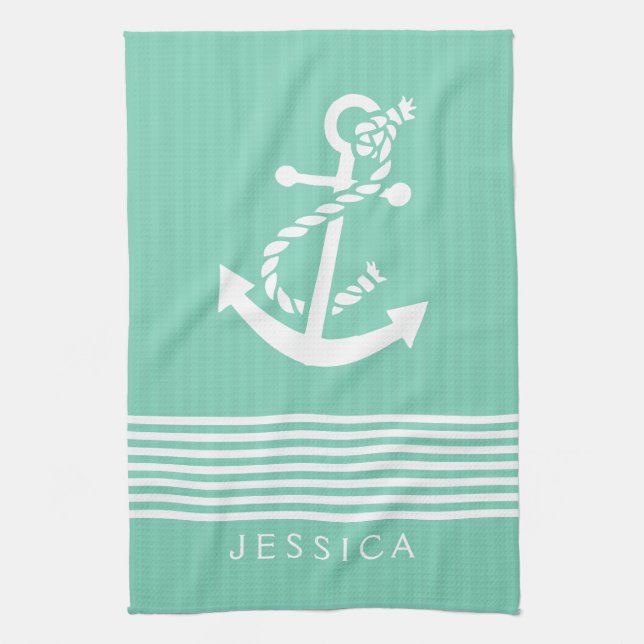White & Mint Stripes And Nautical Boat Anchor Tea Towel (Vertical)