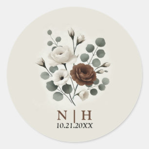 White Mocha Cream Modern Floral Wedding  Classic Round Sticker