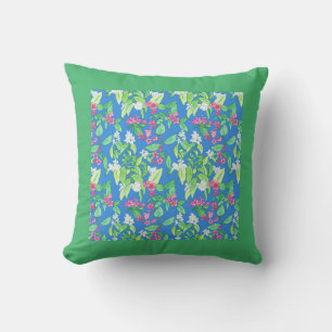 White Mock Orange and Pink Weigelia on Blue Floral Cushion