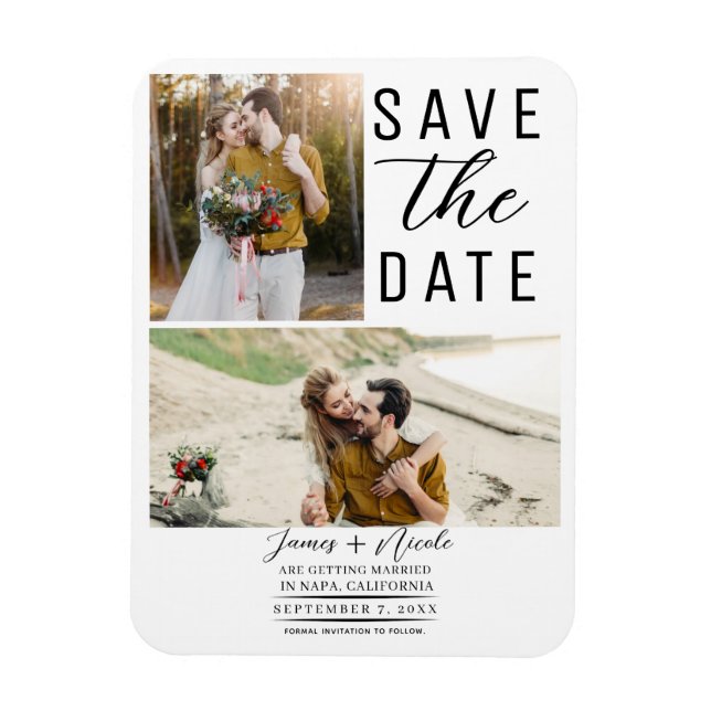 White Modern 2 Photos Save the Date Wedding Magnet (Vertical)