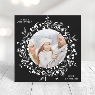 White Modern Boho Wildflower Black Square Photo Holiday Card