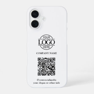 White Modern Business Logo & QR Code Promotional iPhone 16 Case