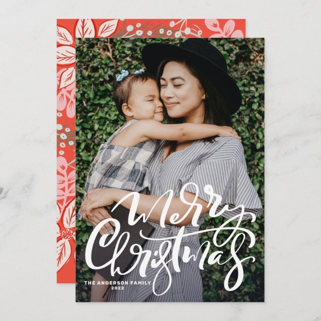 White Modern Calligraphy Photo Merry Christmas Holiday Card (Front/Back)