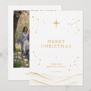 White Modern Celestial Christmas Gold Photo TMF26 Holiday Card