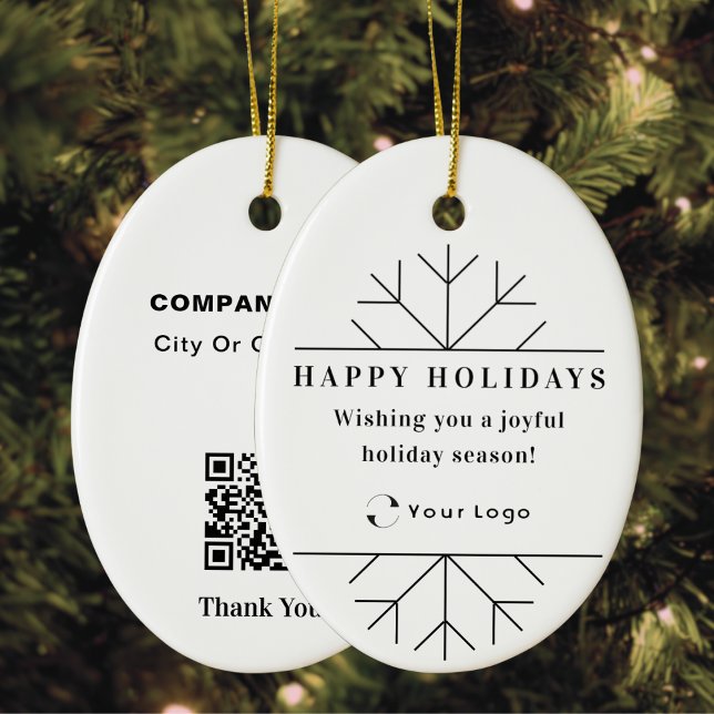 White Modern Christmas Business Logo QR code Chic Ceramic Ornament (Creator Uploaded)
