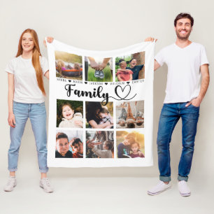 White Modern Family Memories Nine Photo Collage Fleece Blanket