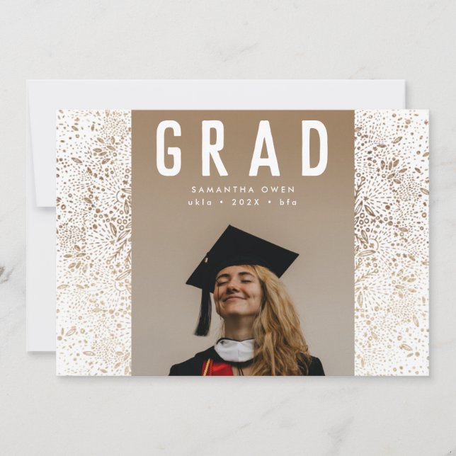 White Modern Gold Foil Botanicals Grad Photo Announcement (Front)