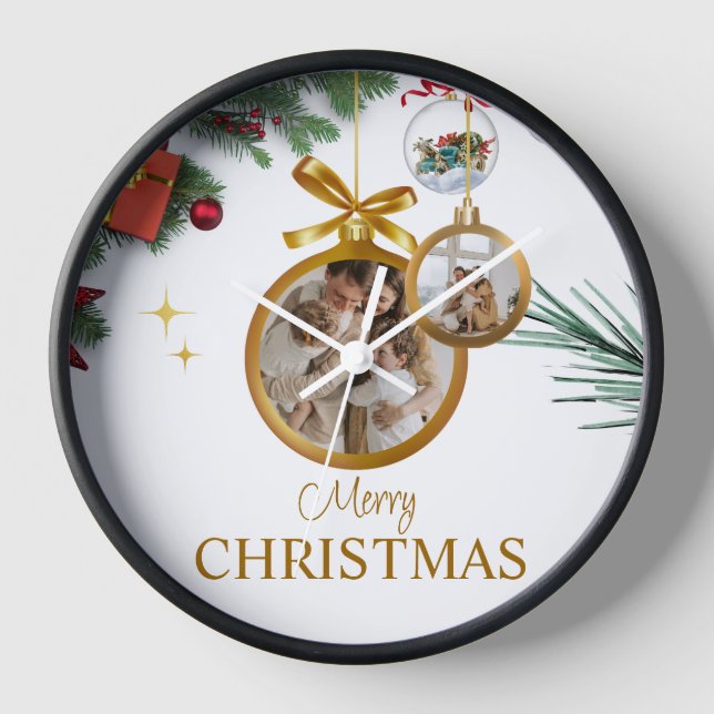 White Modern Merry Christmas 10" Round Black Clock (Front)