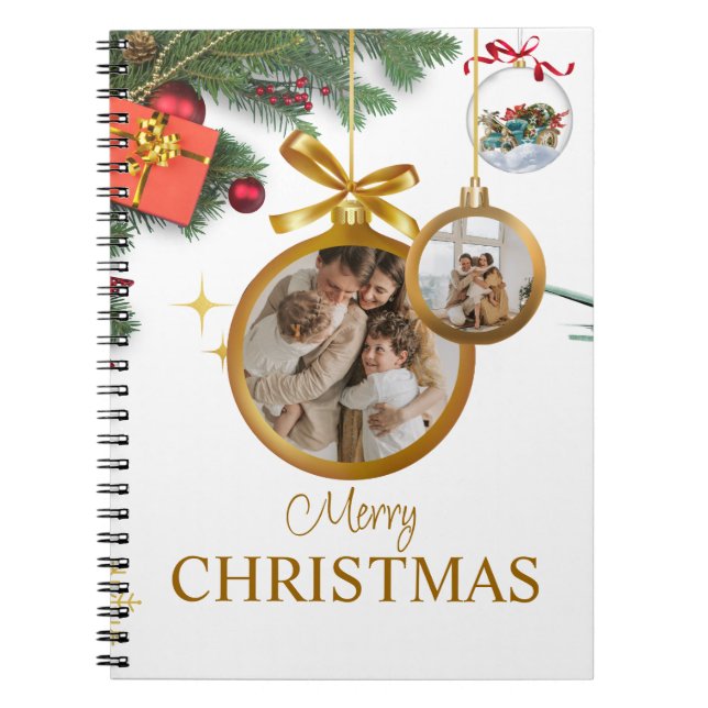 White Modern Merry Christmas Spiral Photo Notebook (Front)