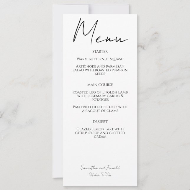 White Modern Minimalist Calligraphy Wedding Menu Invitation (Front)