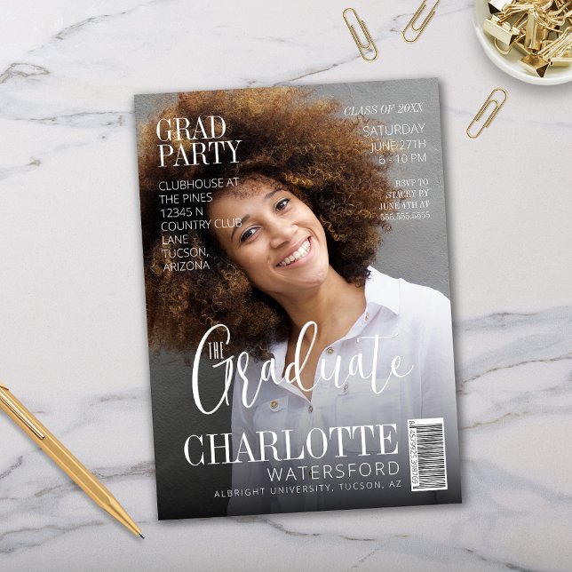 White Modern Minimalist Magazine Cover Photo Invitation (Graduation invitation with minimalist white magazine cover theme with one photo and the graduate)