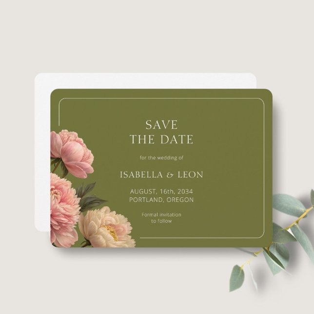 White | Modern Olive Green Rose Save the Date Invitation (Creator Uploaded)
