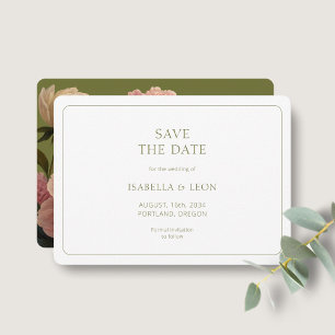 White Modern Olive Green Rose Save the Date Invitation
