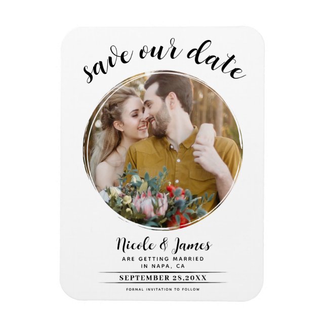 White Modern Round Photo Save the Date Magnet (Vertical)