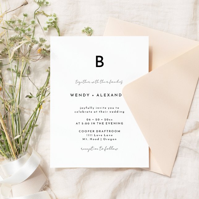 White Modern Script Monogram Wedding Invitation (Creator Uploaded)
